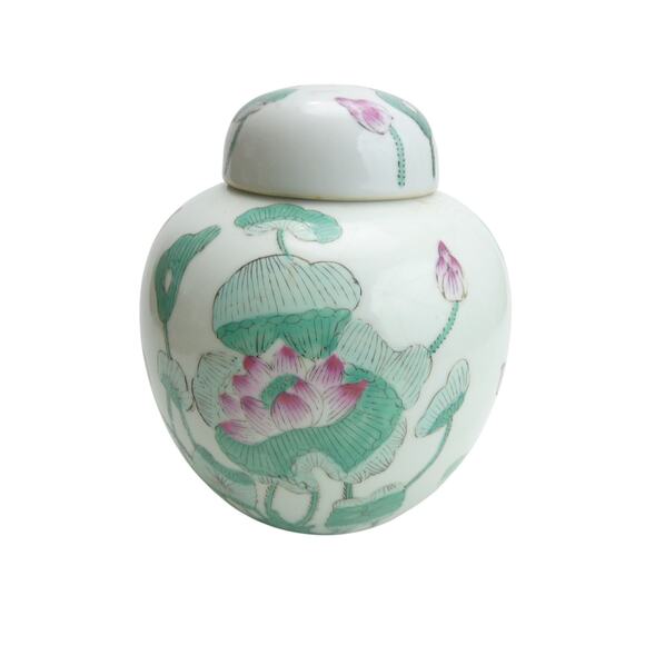 Vintage Japanese Ginger Jar W/ Lid Lotus Flowers & Leaves